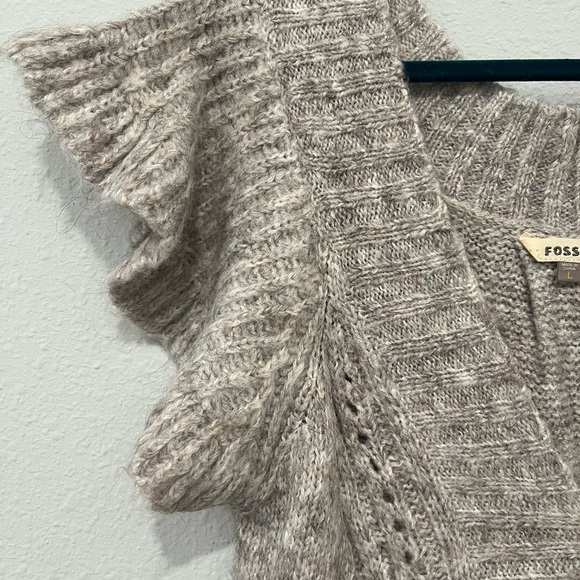 FOSSIL Alpaca Blend Knit Sweater Dress Oatmeal Sz L Cap Ruffle Sleeve V-Neck. - Picture 2 of 6